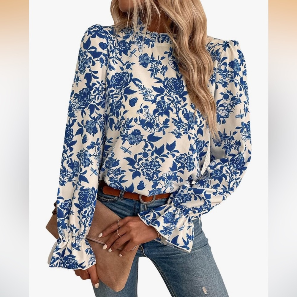Women’s Blue Floral Mock neck Frill long sleeve blouse Sz S/M